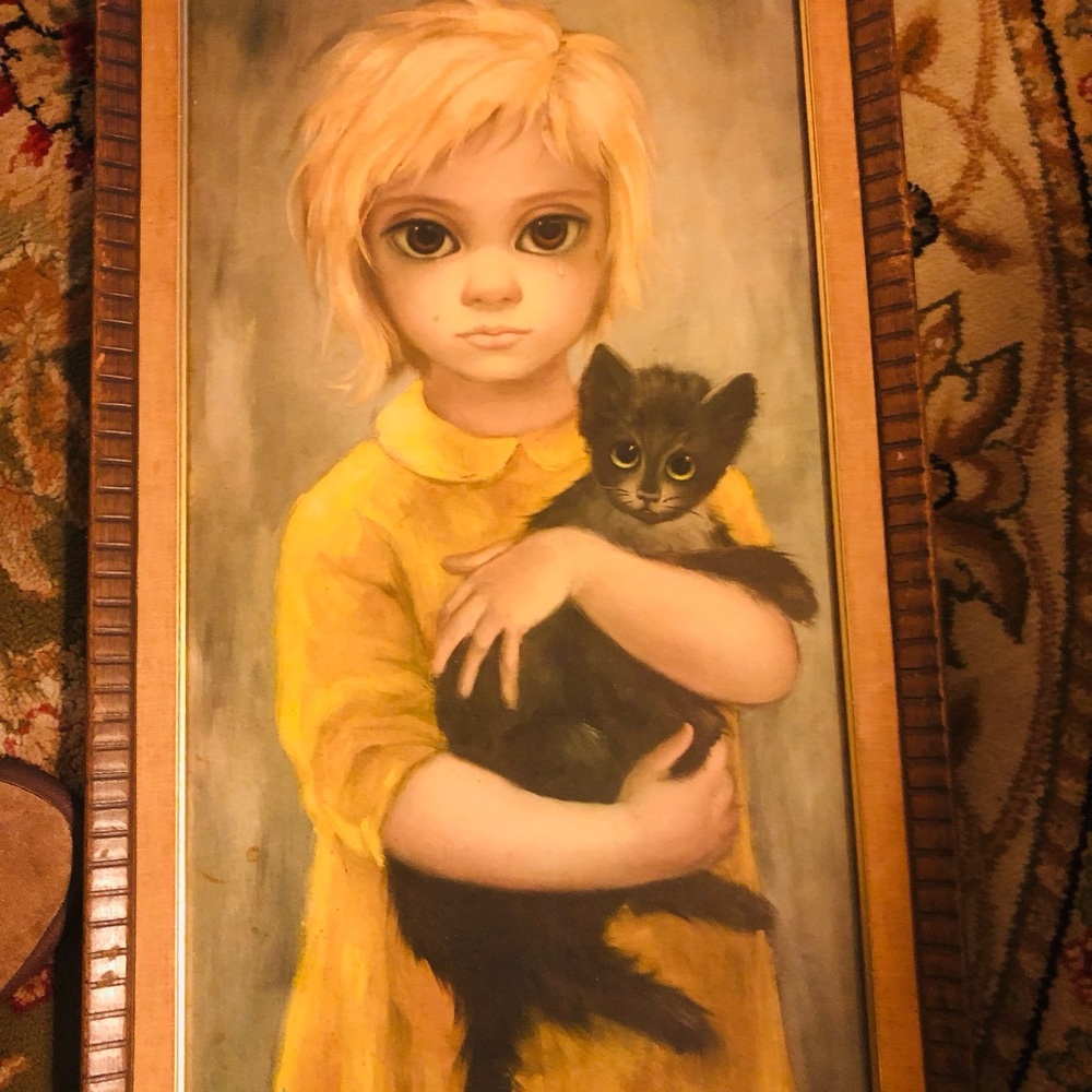 Girl in Yellow Dress Holding Black Kitten — Framed Home Art Print Margaret Keane